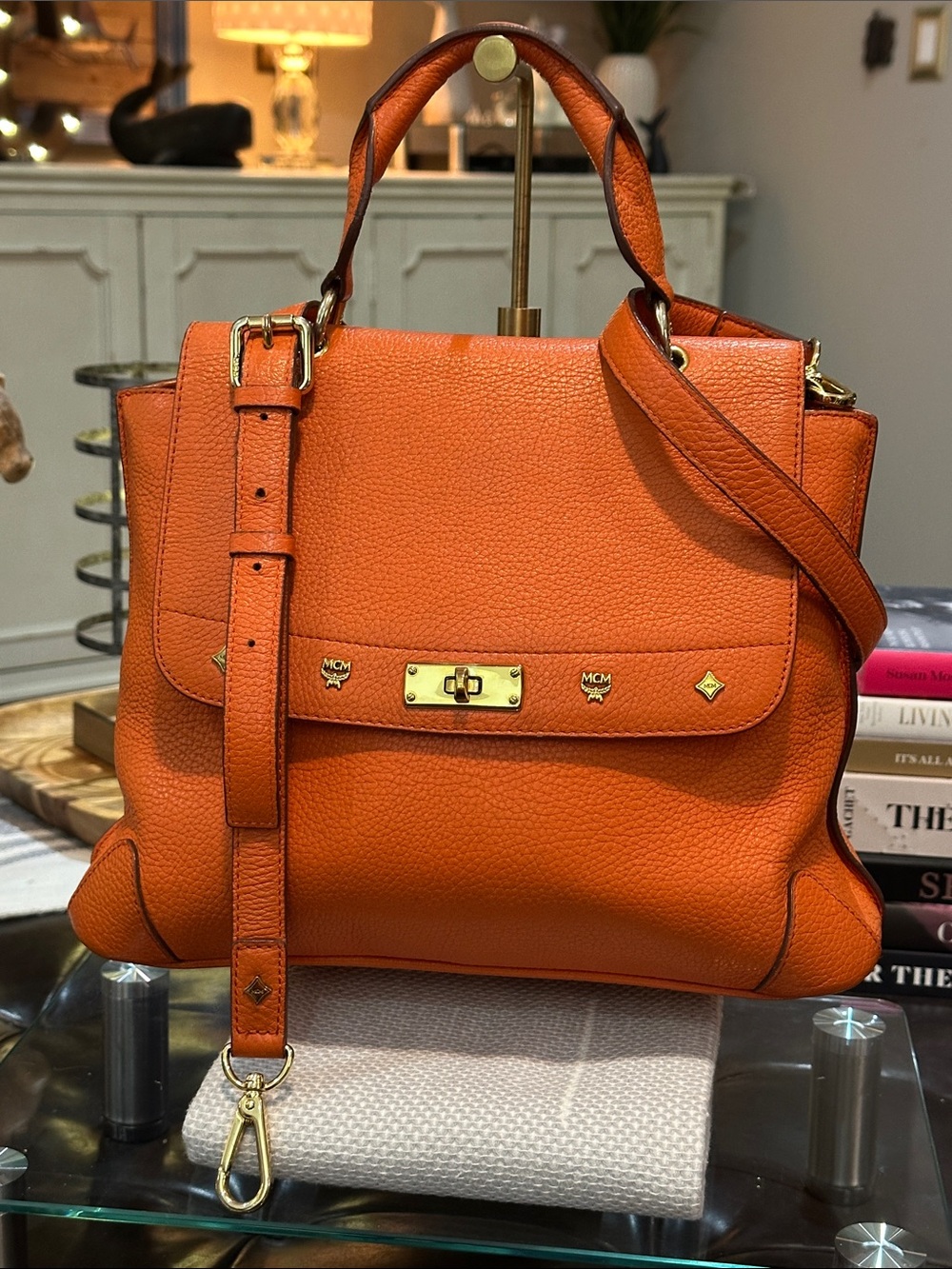MCM First Lady Top Handle Satchel in Orange Leather w/Adjustable Strap, EUC